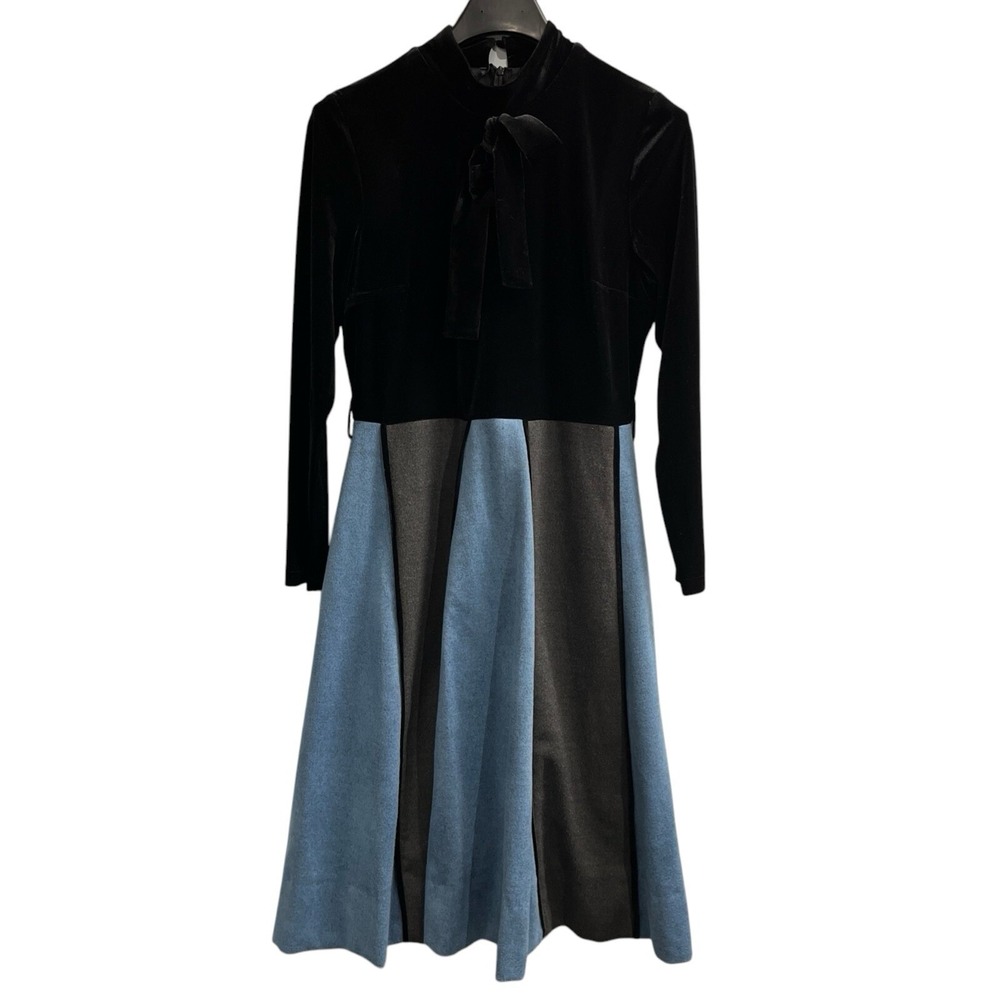 Elenore Dress‎ Womens US 6 Black Blue Velour Colorblock Heavy Knit Midi Modest